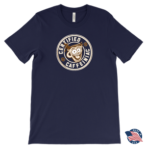 front view of a navy blue Canvas Mens T-Shirt featuring the original Certified Caffeiniac design on the front. Made in the USA