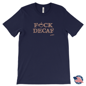 front view of a navy blue t-shirt with the caffeiniac design F_CK DECA Made in the USAF