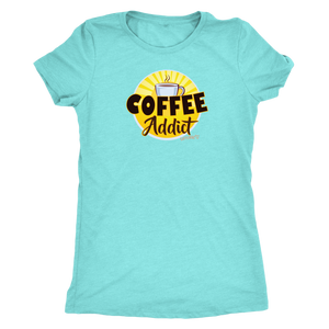front view of a teal Caffeiniac shirt with the Coffee Addict design in black and yellow ink