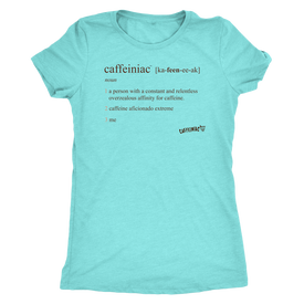 a light blue shirt featuring the original Caffeiniac defined design