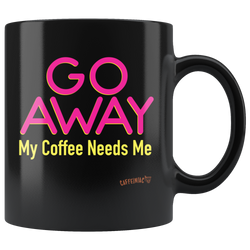 a black coffee mug featuring the Caffeiniac design 