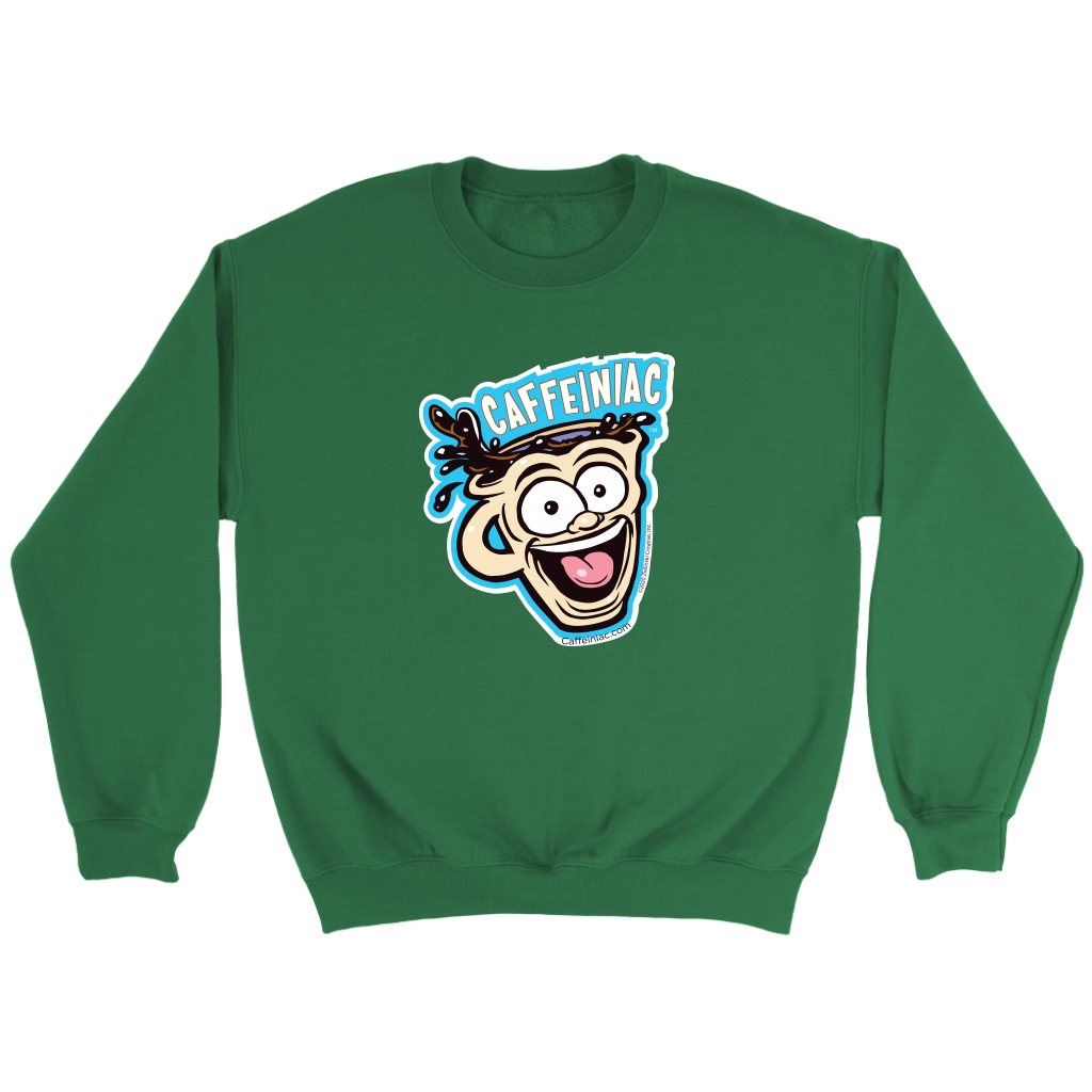 front view of a green crewneck sweatshirt featuring the original Caffeiniac Dude cup design
