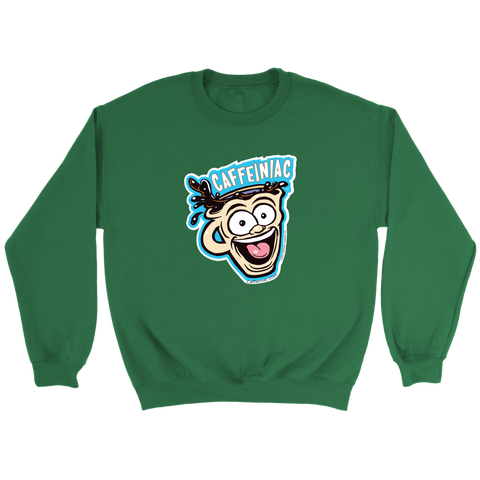 Image of front view of a green crewneck sweatshirt featuring the original Caffeiniac Dude cup design