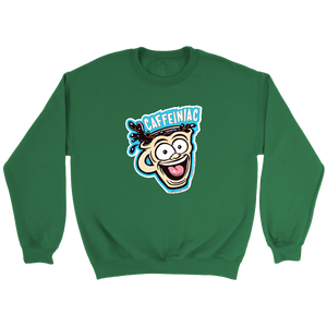 front view of a green crewneck sweatshirt featuring the original Caffeiniac Dude cup design
