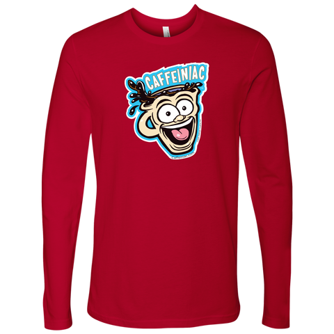 Image of front view of a red Next Level Mens Long Sleeve T-Shirt featuring the original Caffeiniac Dude cup design on the front