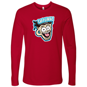 front view of a red Next Level Mens Long Sleeve T-Shirt featuring the original Caffeiniac Dude cup design on the front