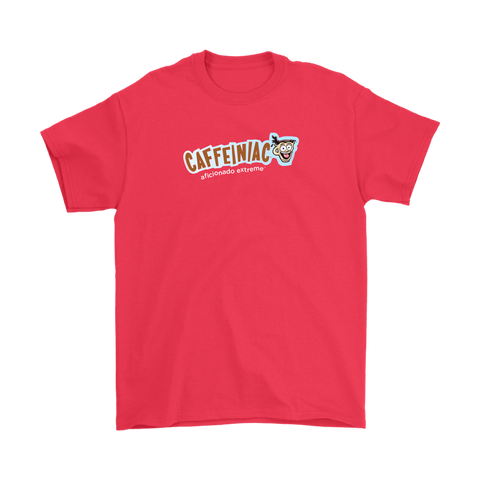 Image of a red Gildan Mens T-Shirt featuring the Caffeinaic aficionado extreme design on the front