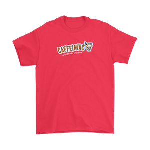 a red Gildan Mens T-Shirt featuring the Caffeinaic aficionado extreme design on the front