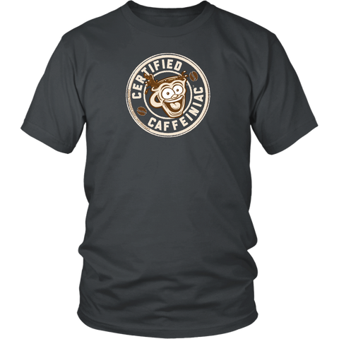 Image of Front view of a men’s grey shirt featuring the Certified Caffeiniac design in tan ink on the front