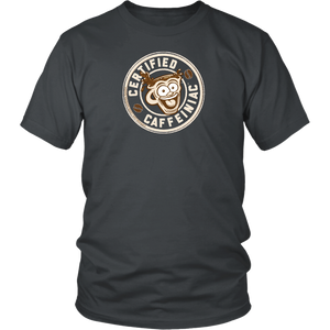 Front view of a men’s grey shirt featuring the Certified Caffeiniac design in tan ink on the front