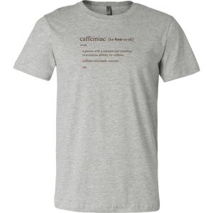 a grey Canvas Mens Shirt featuring the Caffeiniac Defined design on the front