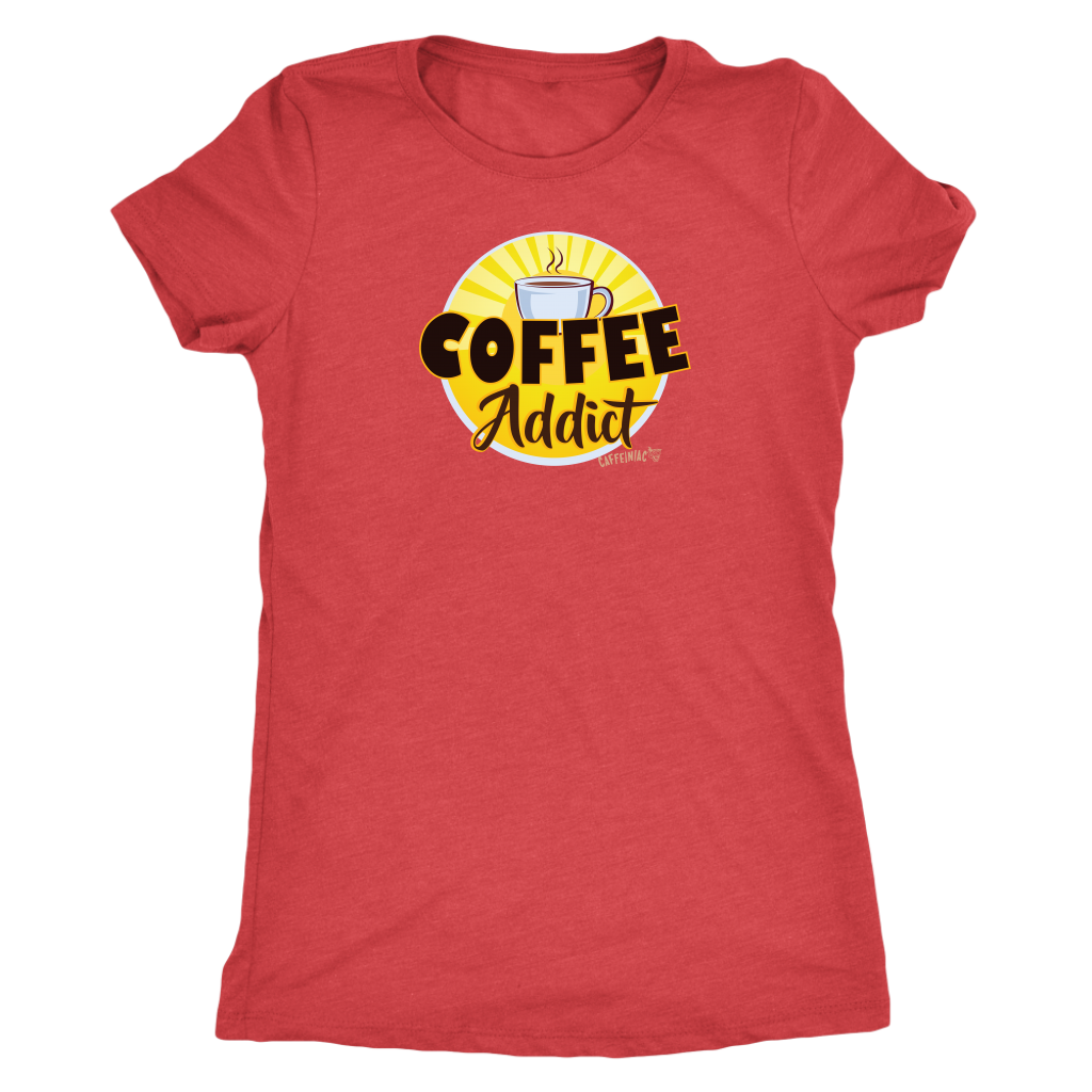front view of a red Caffeiniac shirt with the Coffee Addict design