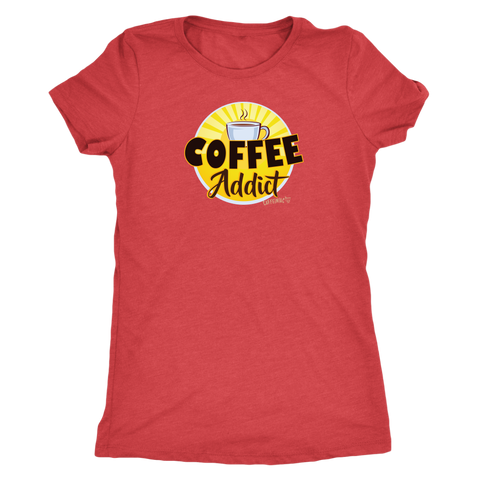 Image of front view of a red Caffeiniac shirt with the Coffee Addict design