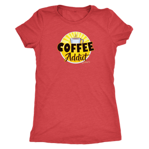 front view of a red Caffeiniac shirt with the Coffee Addict design