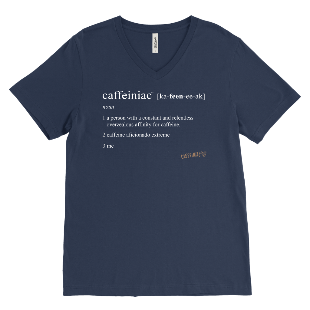 Caffeiniac Defined design on a men's navy blue v-neck shirt