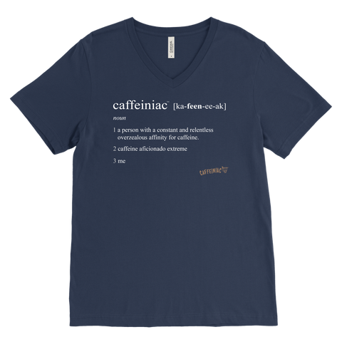 Image of Caffeiniac Defined design on a men's navy blue v-neck shirt