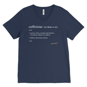 Caffeiniac Defined design on a men's navy blue v-neck shirt