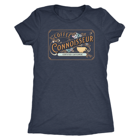 Image of a woman's  vintage blue  t-shirt with the coffee connoisseur design by caffeiniac