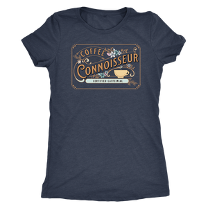 a woman's  vintage blue  t-shirt with the coffee connoisseur design by caffeiniac