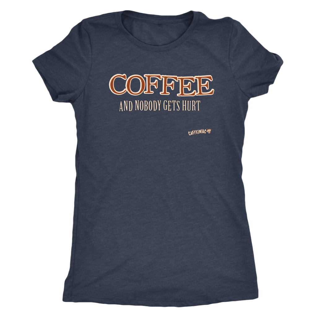 front view of a charcoal grey shirt featuring the original Caffeiniac design COFFEE AND NOBODY GETS HURT
