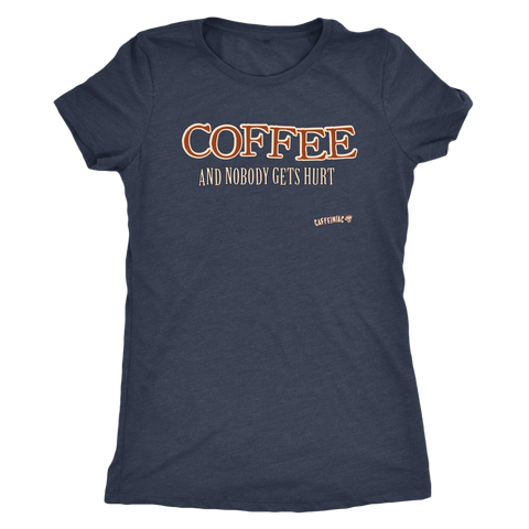 Image of front view of a charcoal grey shirt featuring the original Caffeiniac design COFFEE AND NOBODY GETS HURT