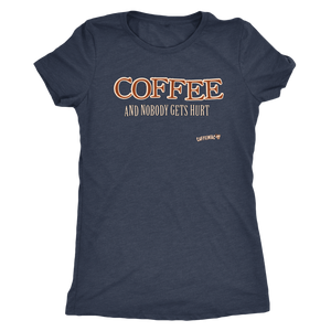 front view of a charcoal grey shirt featuring the original Caffeiniac design COFFEE AND NOBODY GETS HURT