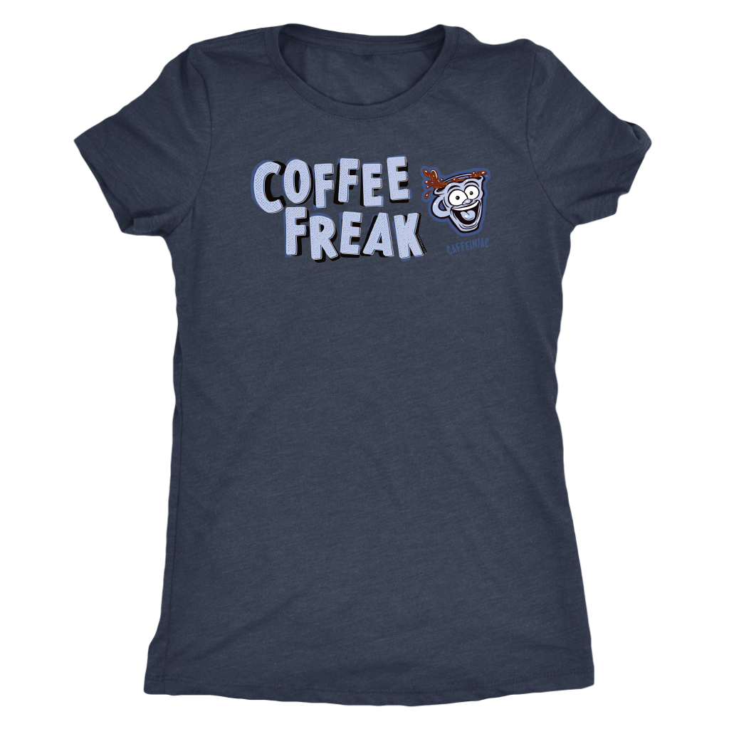 front view of a women's dark grey Caffeiniac COFFEE FREAK t-shirt