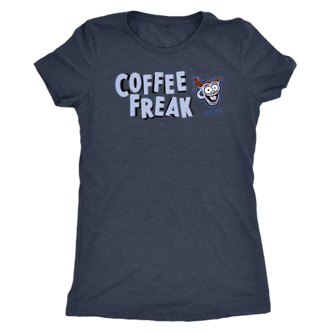 Image of front view of a women's dark grey Caffeiniac COFFEE FREAK t-shirt
