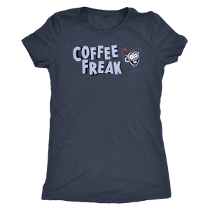 front view of a women's dark grey Caffeiniac COFFEE FREAK t-shirt