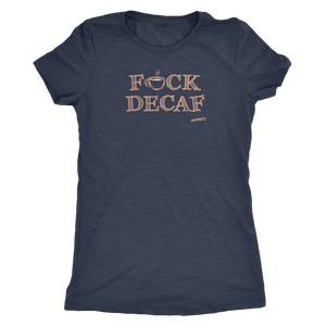 front view of a woman's grey shirt with the F_ck Decaf design by Caffeiniac