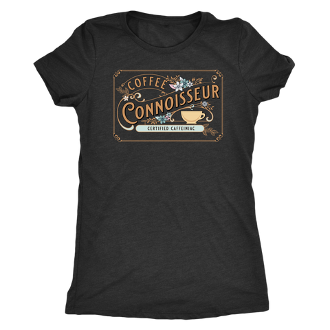 Image of a woman's  vintage black  t-shirt with the coffee connoisseur design by caffeiniac