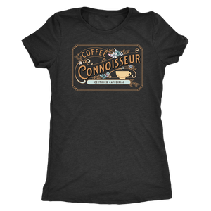 a woman's  vintage black  t-shirt with the coffee connoisseur design by caffeiniac