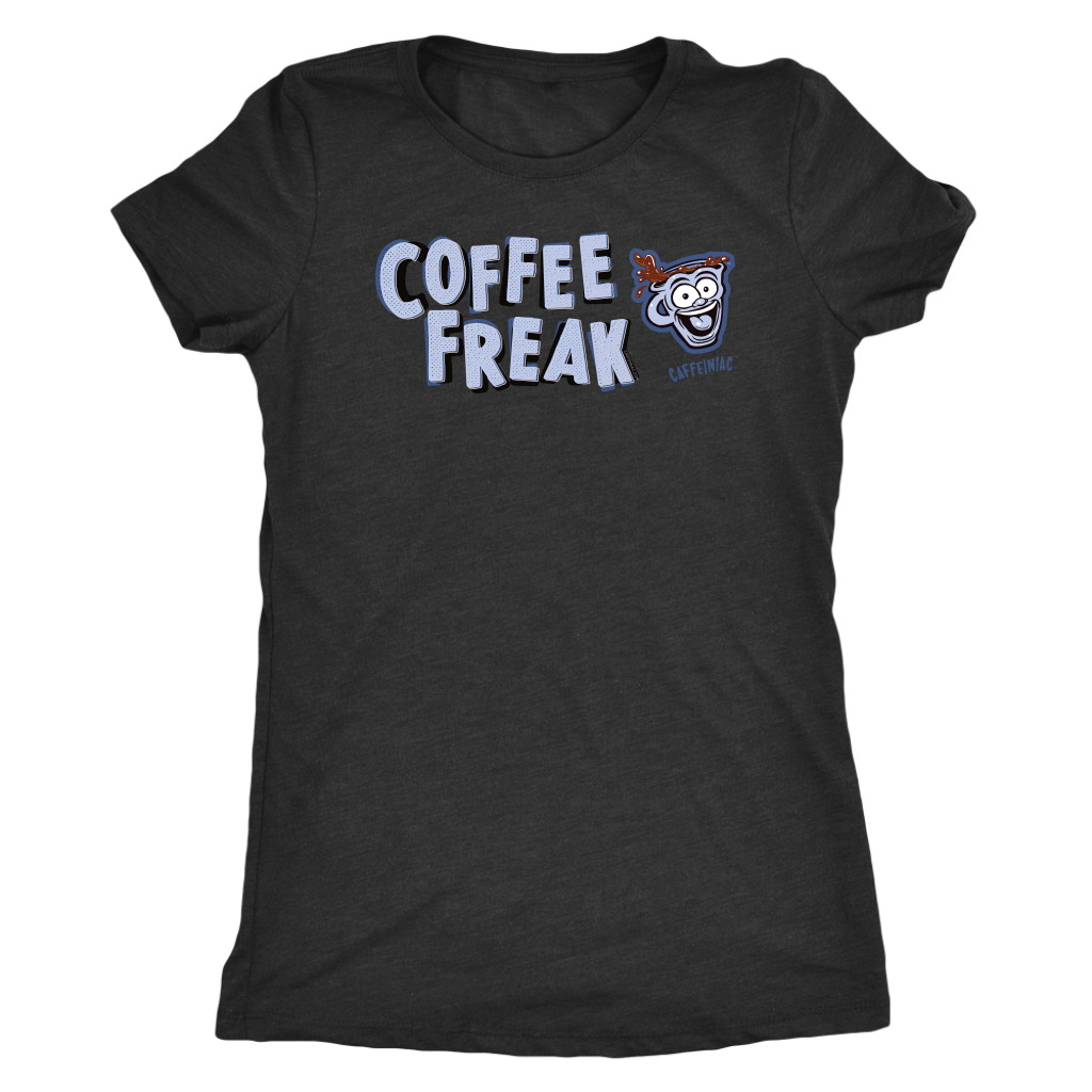 front view of a women's black Caffeiniac COFFEE FREAK t-shirt