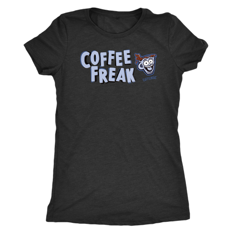 Image of front view of a women's black Caffeiniac COFFEE FREAK t-shirt