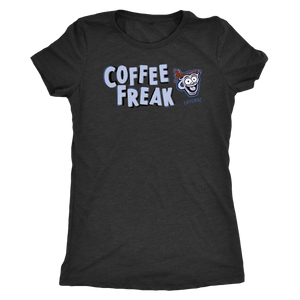front view of a women's black Caffeiniac COFFEE FREAK t-shirt