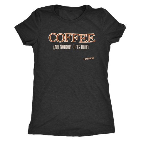 Image of front view of a dark grey shirt featuring the original Caffeiniac design COFFEE AND NOBODY GETS HURT