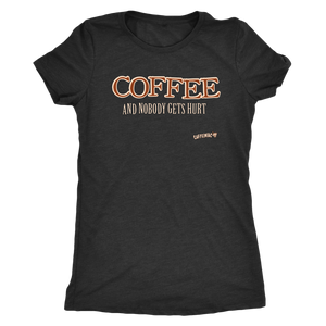 front view of a dark grey shirt featuring the original Caffeiniac design COFFEE AND NOBODY GETS HURT