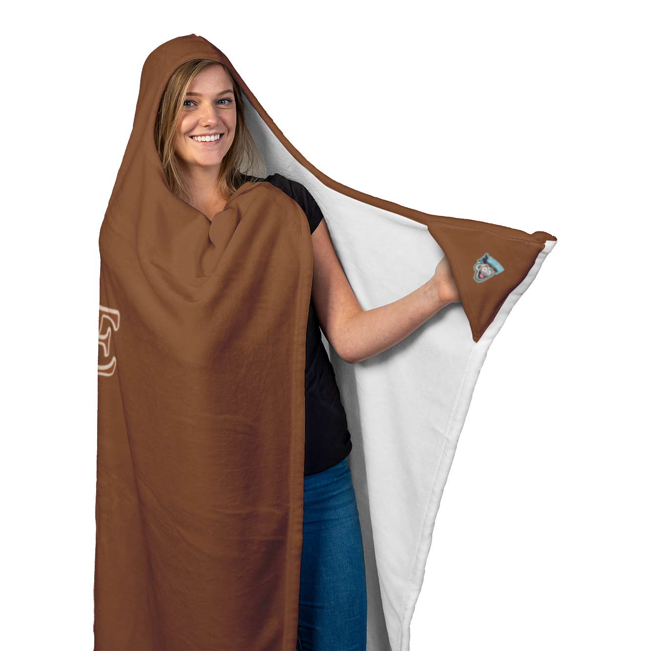 a woman wearing a soft hooded blanket holding the left corner to display thee Caffeiniac Dude logo