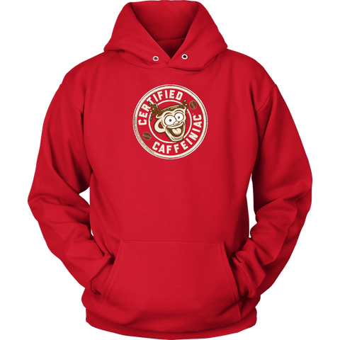 Image of front view of a red unisex hoodie with the Certified Caffeiniac design on front in tan ink