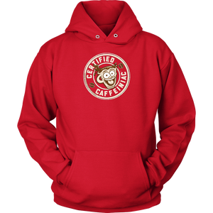 front view of a red unisex hoodie with the Certified Caffeiniac design on front in tan ink