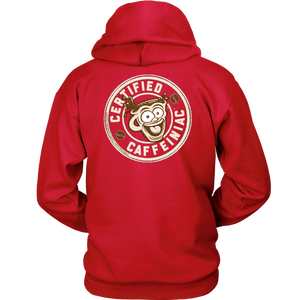 back view of a red hoodie with the Certified Caffeiniac design full size in tan ink