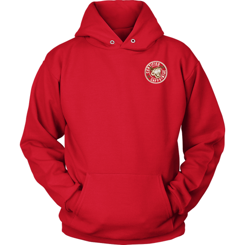 Image of  front view of a red hoodie with the Certified Caffeiniac design on the front left chest