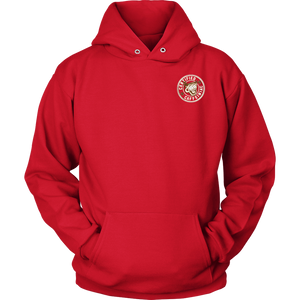  front view of a red hoodie with the Certified Caffeiniac design on the front left chest