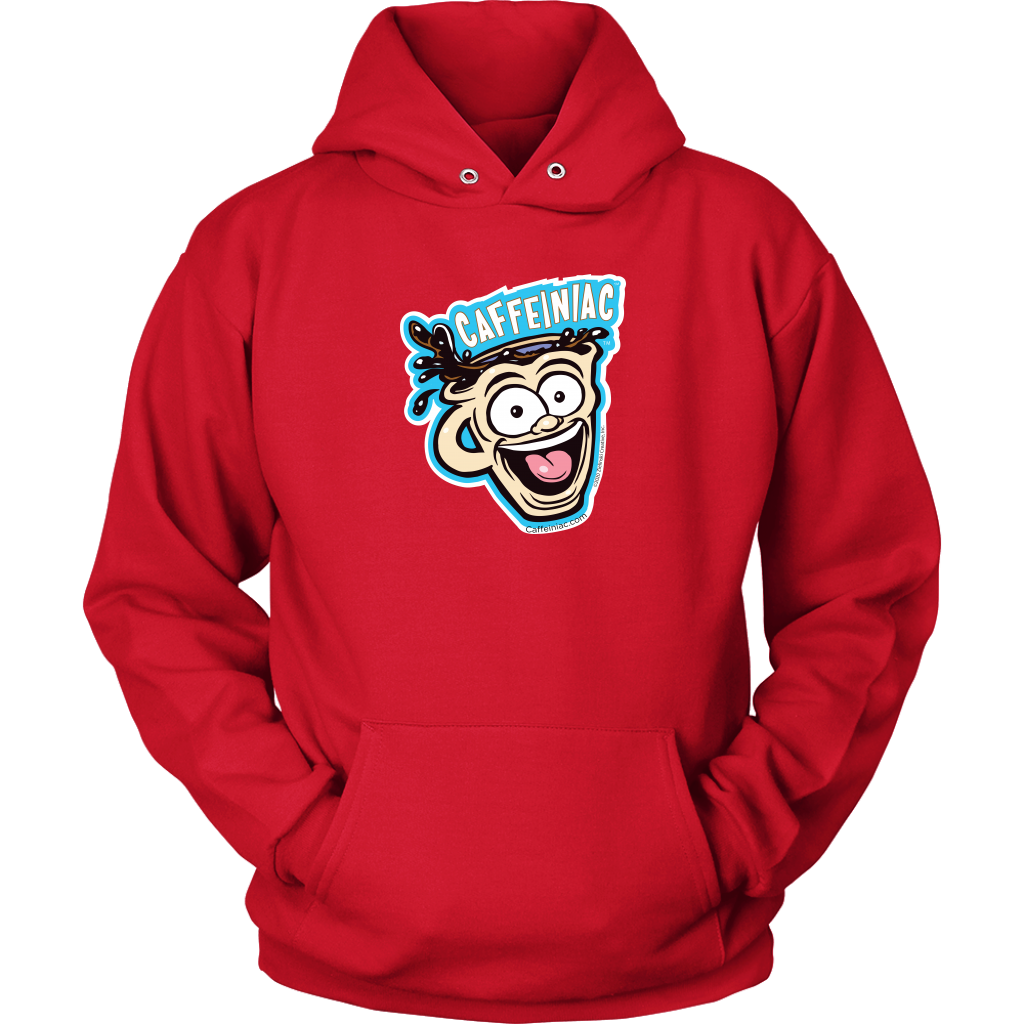 Front view of a red unisex Hoodie featuring the original Caffeiniac Dude cup design on the front