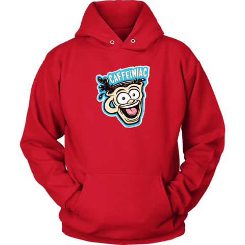Image of Front view of a red unisex Hoodie featuring the original Caffeiniac Dude cup design on the front