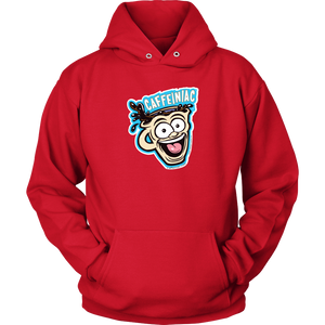 Front view of a red unisex Hoodie featuring the original Caffeiniac Dude cup design on the front