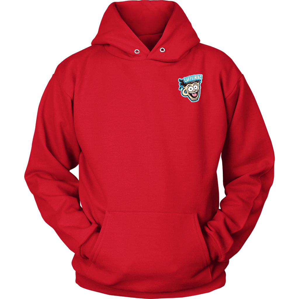 Front view of a red unisex Hoodie featuring the original Caffeiniac Dude design on the front left chest and full size on the back