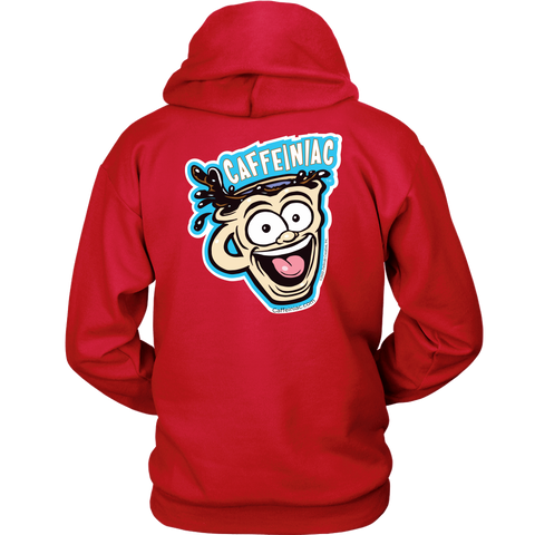 Image of back view of a red unisex Hoodie featuring the original Caffeiniac Dude design on the front left chest and full size on the back