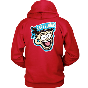 back view of a red unisex Hoodie featuring the original Caffeiniac Dude design on the front left chest and full size on the back