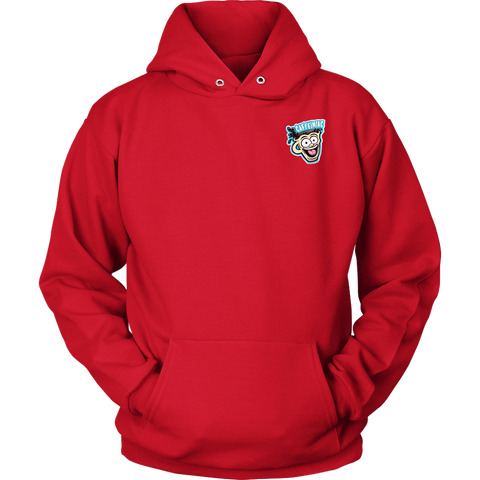 Image of Front view of a red unisex Hoodie featuring the original Caffeiniac Dude design on the front left chest and full size on the back